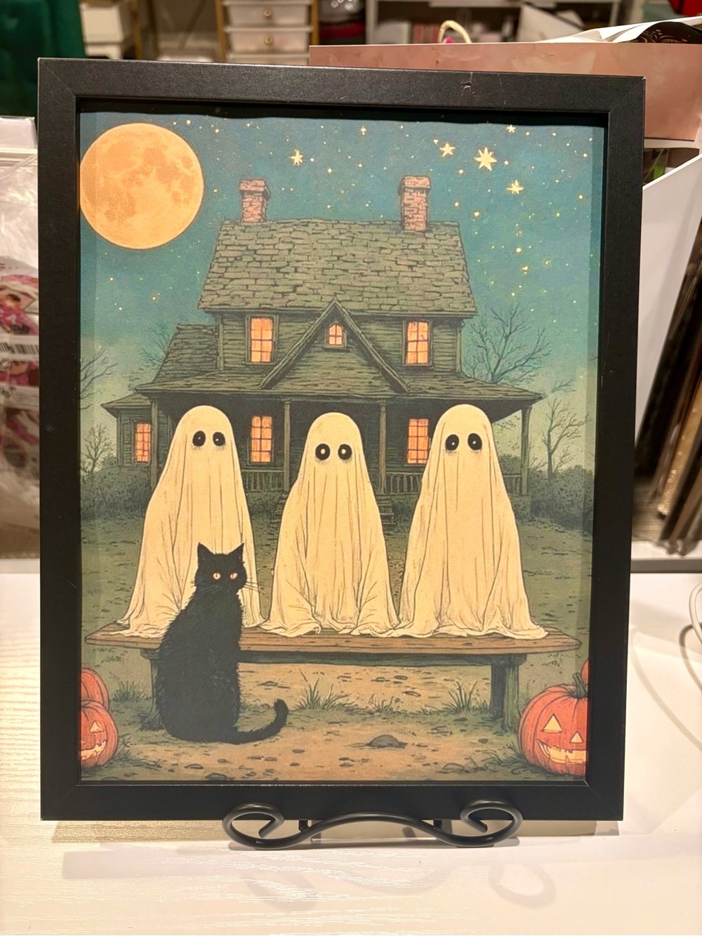 Spooky Framed Halloween 8x10 Ghost Art Print with Black Cat and Pumpkins